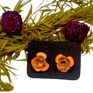 New Handmade Vintage Style Peach Rose 9k Gold Stud Earrings Hand Painted